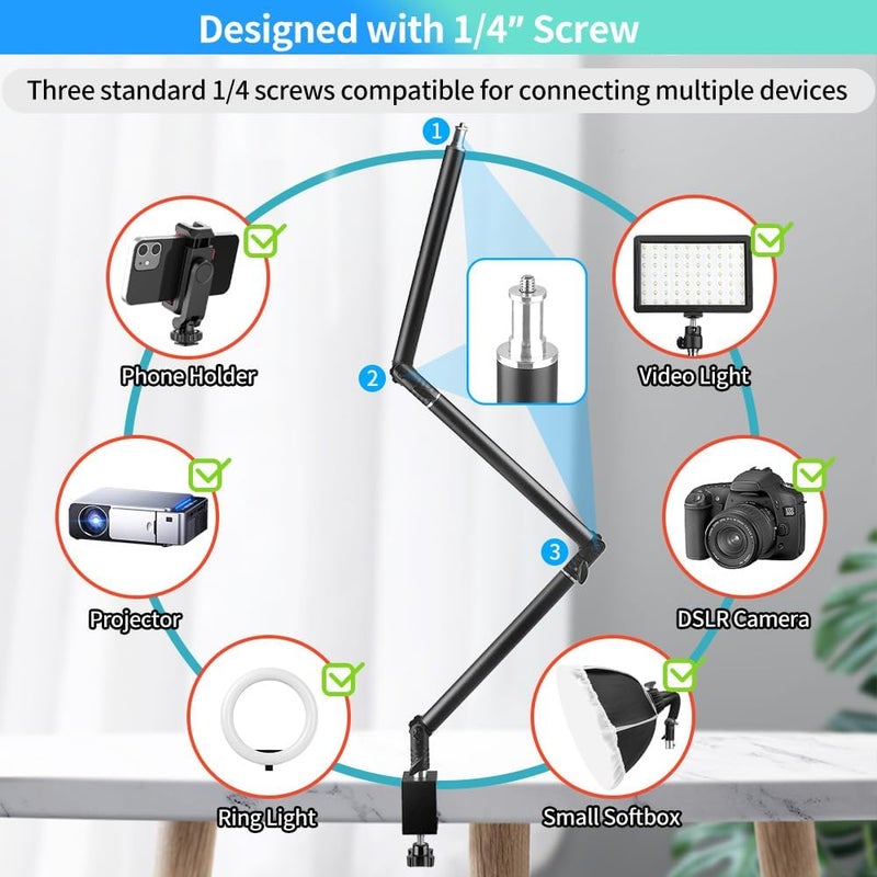 JEBUTU حامل كاميرا مكتبي متين قابل للتعديل 14.5"-41" مع برغي 1/4"، ذراع متحرك قابل للفصل بزاوية 360° مع مقبض موسع وقاعدة C-Clamp، حامل ضوء للطاولة للبث المباشر والفيديوهات - Image 5